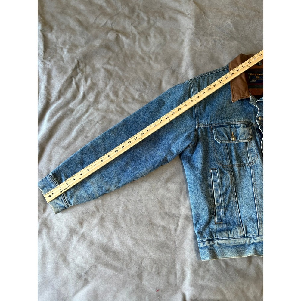 Vintage Woolrich Denim Trucker Jacket Leather Collar Fleece Lined Blue Mens XL - Picture 6 of 8